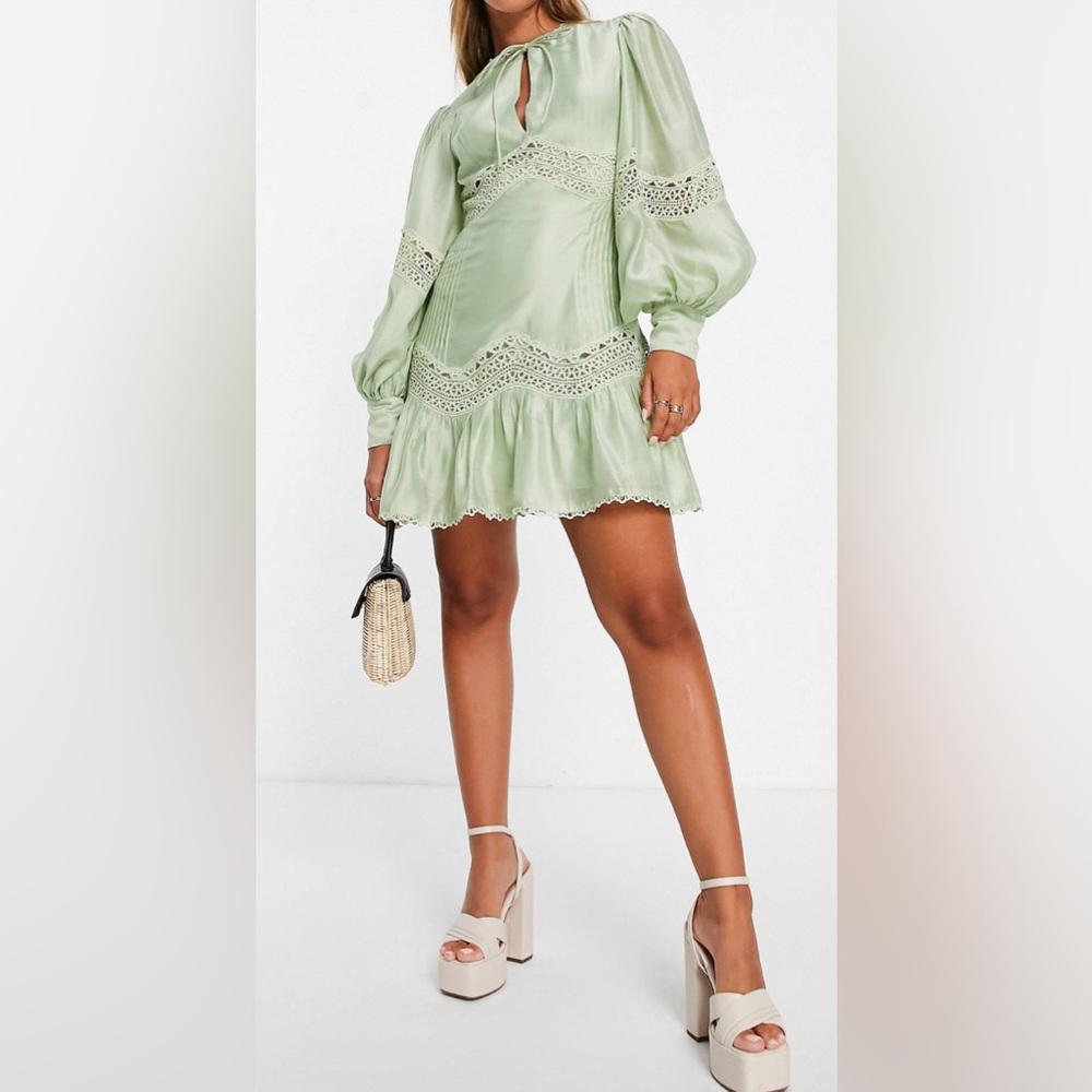 ASOS DESIGN lace insert key hole front mini tea dress in sage